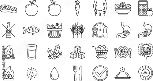 Healthy diet and nutrition outline icons including food digestion calories grocery shopping and fitness lifestyle vector illustration set