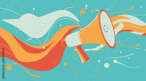 Megaphone announcing important news with abstract sound waves. Digital marketing, promotion, communication concept illustration.
