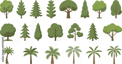 Collection of green tree illustrations including pine palm and deciduous trees flat vector nature design set isolated on white background