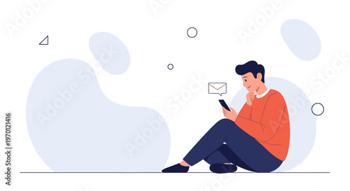 Man Sitting on Floor Using Smartphone, Receiving Message Notification, Minimalist Illustration