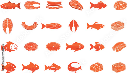 Collection of salmon fish and fillet cuts on white background for seafood and food concepts