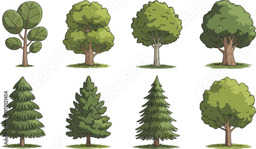 Collection of diverse green trees illustrations, forest foliage set, cartoon and realistic styles, isolated nature elements for landscape design projects