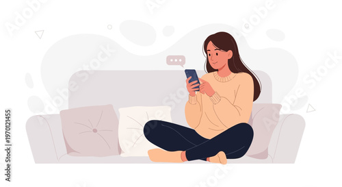 Young woman sitting on sofa, texting on smartphone, relaxed lifestyle, home interior