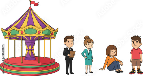 Amusement park carousel ride with cartoon business people and kids characters standing and sitting vector illustration set