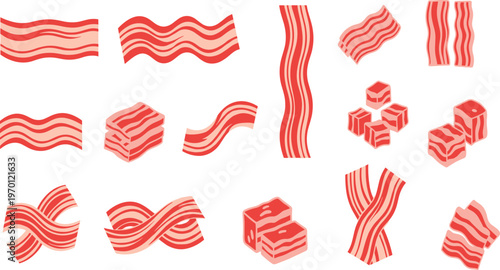 Collection of various bacon strips and cubes on white background for food and recipe concepts
