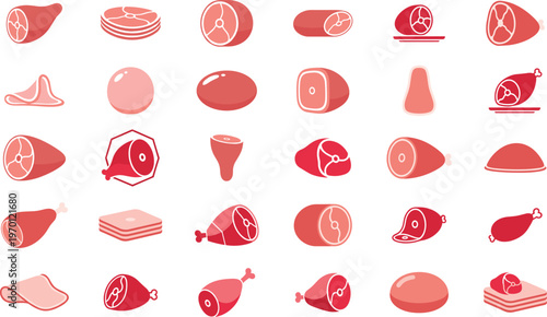 Collection of various raw meat cuts and steaks on white background for food and culinary concepts