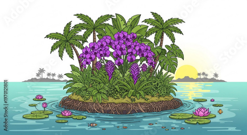 Tropical island with purple flowers palm trees and lily pads in turquoise water at sunset serene paradise landscape