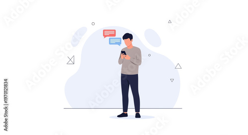 Man Texting on Phone with Chat Bubbles, Modern Flat Design