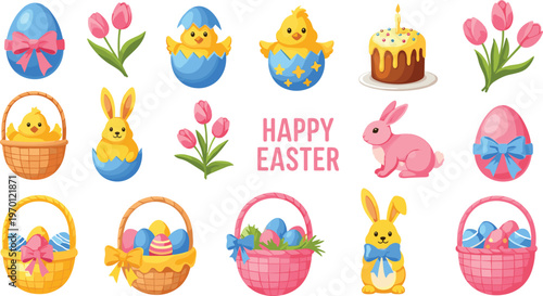 Cute Easter Icon Set Featuring Bunny, Eggs, Baskets, Chick, Cake, Tulips and Colorful Spring Holiday Elements Collection