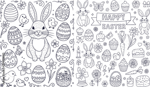 Easter Doodle Icon Set Featuring Bunny, Eggs, Basket, Flowers, Cake and Hand Drawn Spring Holiday Elements Collection