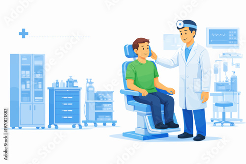 Doctor examining young man sitting in dental chair in clinic  