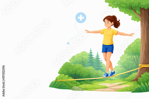 Young girl balancing on a tightrope among trees in a park  