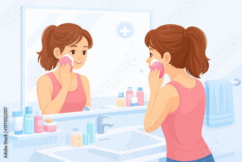Young woman washing her face in bathroom mirror with skincare products  