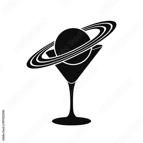 Simple silhouette of a Martini Glass with a planet Saturn instead of an olive. isolated on White Background