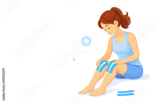Woman applying knee bandages while sitting on the floor  