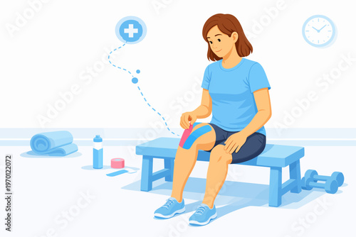 Young woman applying tape to injured knee while sitting on bench  