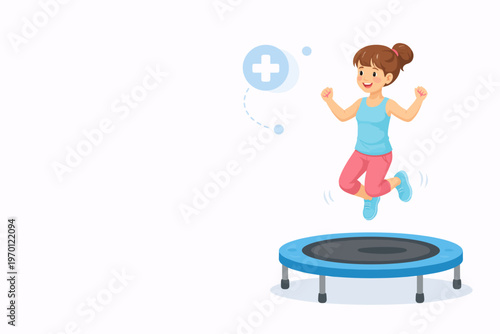 Young girl jumping on trampoline in athletic wear with joy  