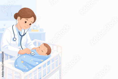Pediatrician examining baby with stethoscope in hospital nursery  