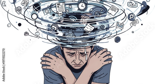 Anxiety illustration vector showing stressed person with worried thoughts and mental health concept