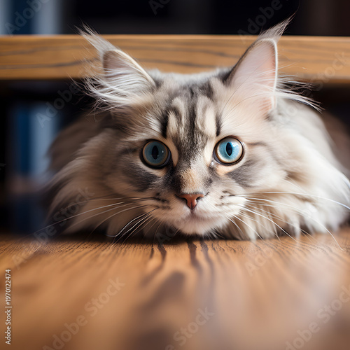 Curious cat with blue eyes resting on wooden floor looking directly at camera with alert expression and fluffy fur texture