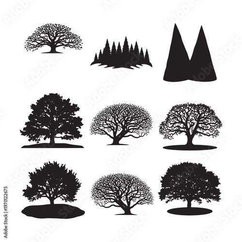 Black and white line of trees and mountain silhouettes line tree mountain silhouette pine tree