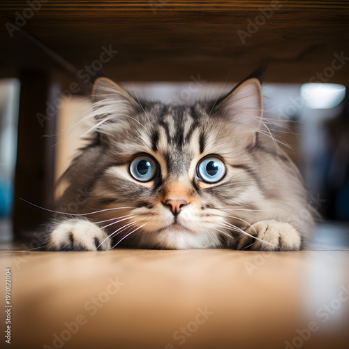 Curious cat with blue eyes peeking from under wooden table indoors