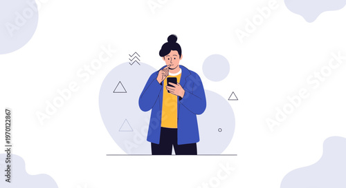 Young person using smartphone, modern flat illustration, minimalist background