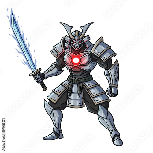 Cartoon samurai robot warrior with sword.