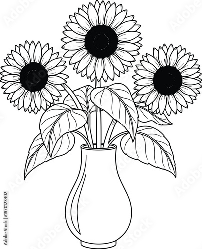 Three sunflowers in vase illustration, black and white line drawing, floral artwork design, detailed petals leaves stems, natural symmetry decorative composition