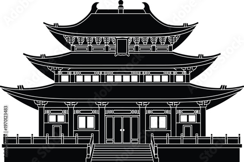 Traditional East Asian pagoda silhouette vector illustration, temple architecture design, layered roof artwork, cultural heritage symbol, decorative motif, historic building artwork