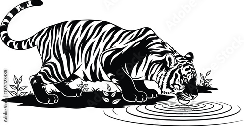 Tiger drinking water silhouette vector illustration, wildlife artwork, striped animal design, natural environment motif, reflection artwork, decorative black and white art