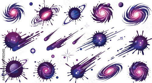 Galaxy and space elements collection with stars comets and spiral nebulae, cosmic universe vector set isolated on white background