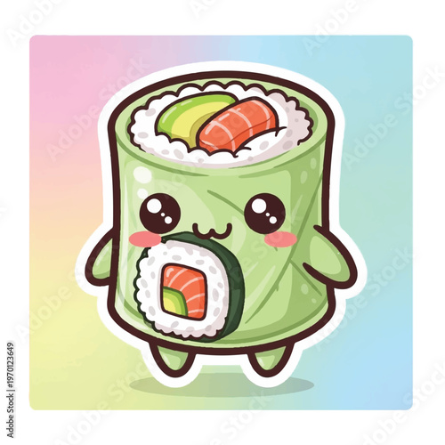 Cute sushi cartoon character eating roll.