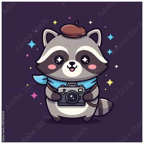 Raccoon cartoon character holding camera.
