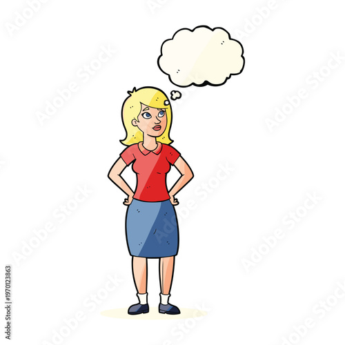 Cartoon of a blonde woman standing with hands on hips and a thought bubble above her