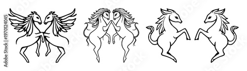 Gemini zodiac symbol set with stylized black line art featuring astrological sign, constellation, horoscope with mythology and stars