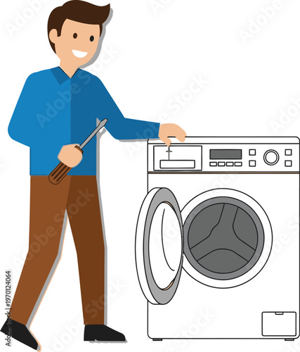 Technician repairs a washing machine with.