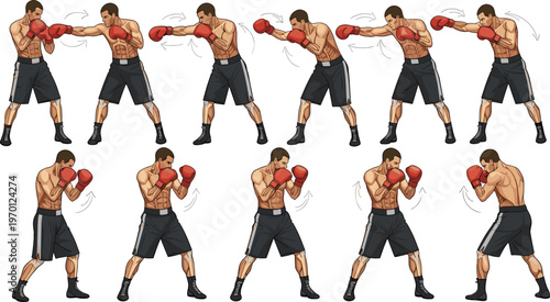 Boxing Punch Sequence Vector Set Showing Male Fighter Shadowboxing Jab Cross Hook Uppercut Combinations for Fitness, Martial Arts, Sports, Training Illustrations