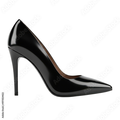 Elegant black high heel shoe with sleek pointed toe and thin stiletto heel isolated on transparent background