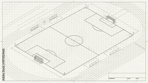 Clean isometric blueprint of a soccer field with precise court lines and grid layout, professional technical drawing for sports strategy and educational diagrams