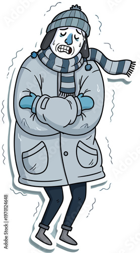 Person dressed for cold shivers from weather.