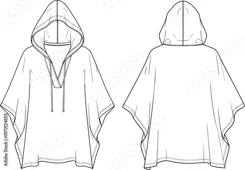 Technical fashion sketch of women hooded poncho cape garment featuring front and back views with drawstring detail isolated on white background for design production.