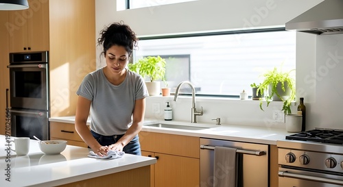 A person cleaning a kitchen while having a breakfast in the morning