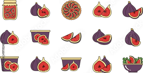 Vector Illustration Set of Figs, Including Whole, Sliced, Jam, and Desserts, for Food, Fruit, and Healthy Lifestyle Designs
