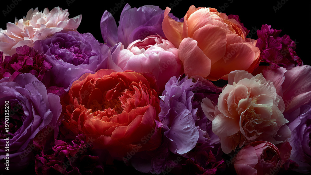 Obraz premium Roses and peonies on a dark background. Abstract floral design for prints, postcards or wallpaper 