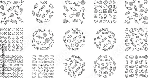 Hand drawn candy doodle set with sweets lollipops chocolates and confectionery elements, outline sketch style vector collection isolated on white background