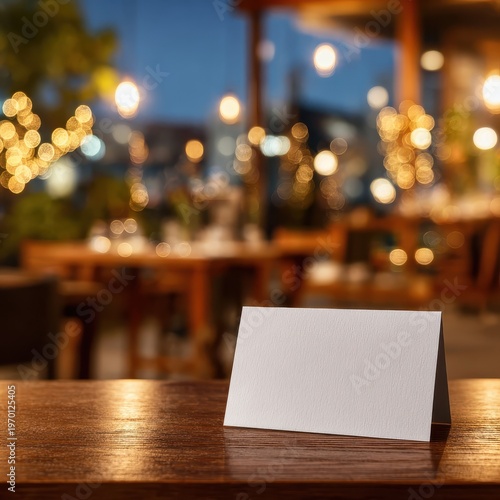 Blank Place Card on Wooden Table in Blurred Restaurant Setting