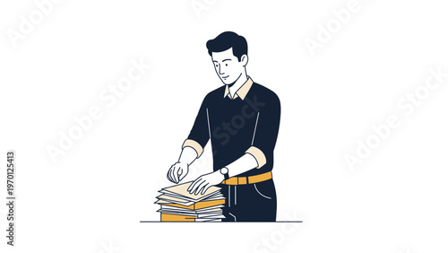 Man Organizing Paperwork Stack, Business Workflow, Office Work, Administrative Tasks