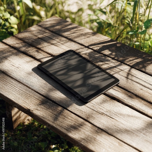Tablet on Rustic Wooden Bench in Sunlit Garden