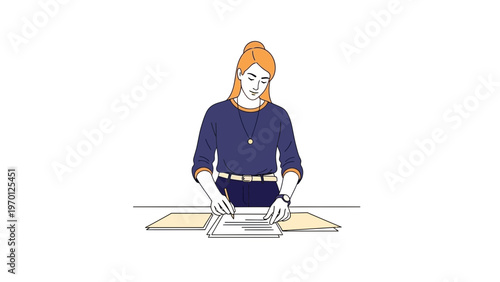 Woman signing document at desk, business woman working, paperwork, office task